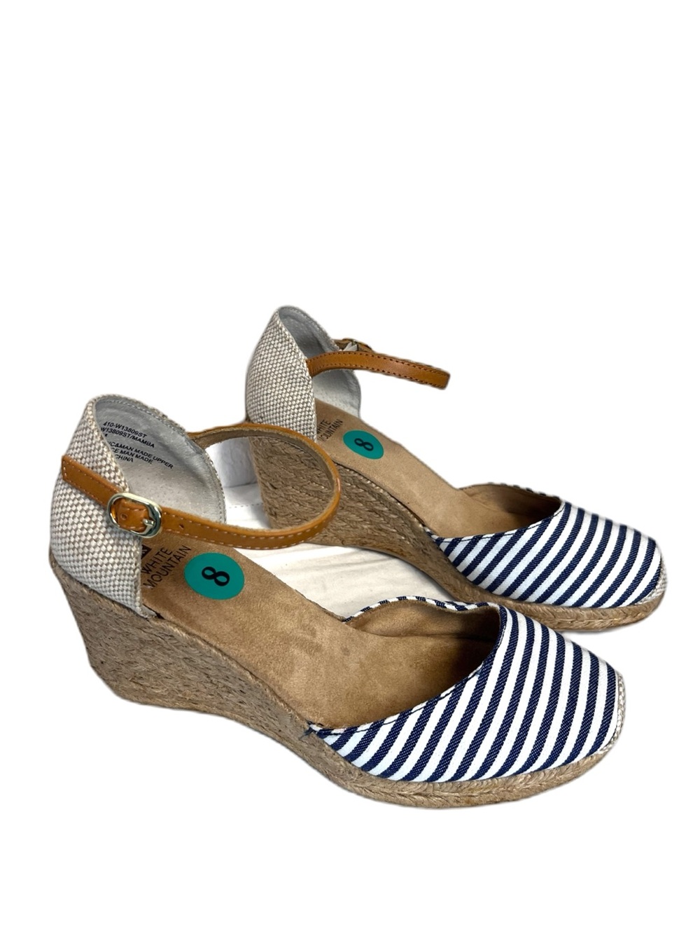 White Mountain Mamba Striped Navy Espadrille Wedge Sandals with Tan Ankle Strap